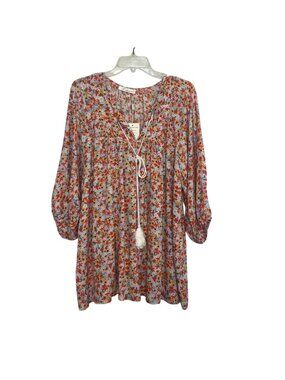 Kelummi Floral Print Boho Tunic Shirt Tassel Tie Neckline 1XL New Multi Color